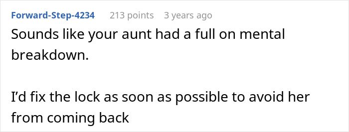 A comment suggesting the aunt had a mental breakdown and advises fixing the lock to prevent her return, related to unannounced housing.