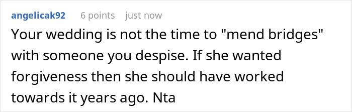 A comment supports the woman banning her aunt from her wedding for secretly changing grandpa's will. A comment supports the woman banning her aunt from her wedding for secretly changing grandpa's will.