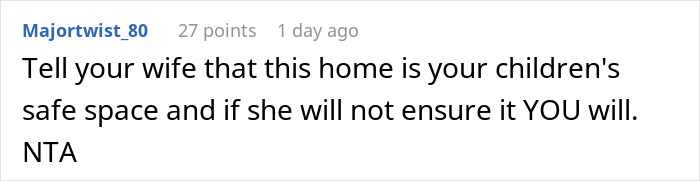 A Reddit comment urging the man to ensure his home is a safe space for his children, in light of his nephew punching his baby daughter.