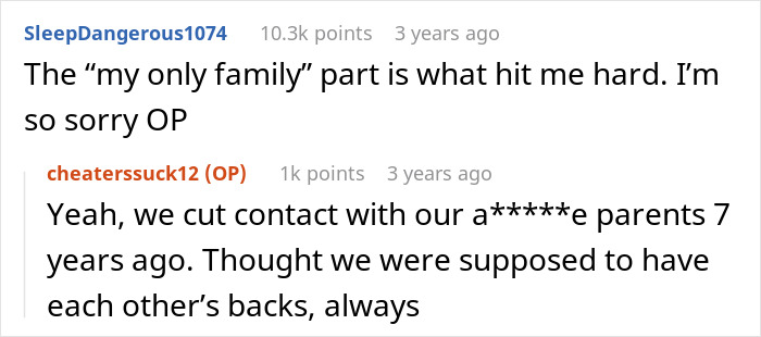 Reddit comments on a woman seeing her husband and sister naked, discusses cutting contact with cheating parents.