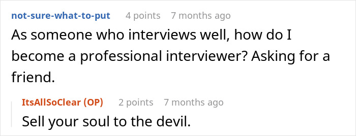 A software engineer jokingly replies to a question about becoming a professional interviewer, referencing a hiring scam.