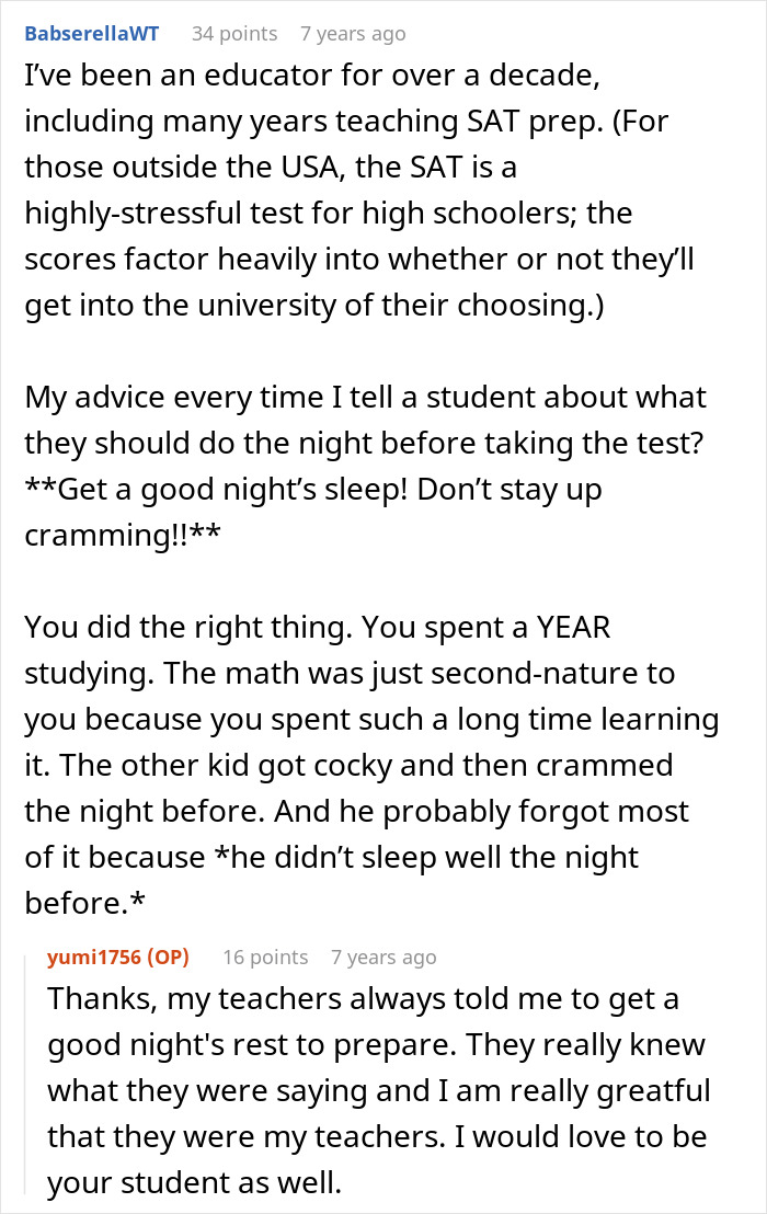 A screenshot of a comment section, with a user giving advice about studying for tests, relating to a teenage girl. A screenshot of a comment section, with a user giving advice about studying for tests, relating to a teenage girl.