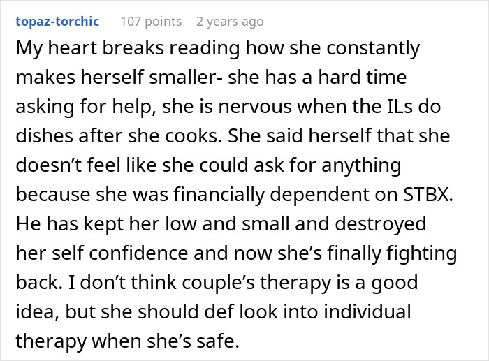 A comment discussing the wife's self-confidence and financial dependence related to her husband's violent reaction. A comment discussing the wife's self-confidence and financial dependence related to her husband's violent reaction.