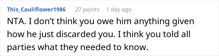 A comment about a man who hides his baby, stating the ex was NTA for telling the family.