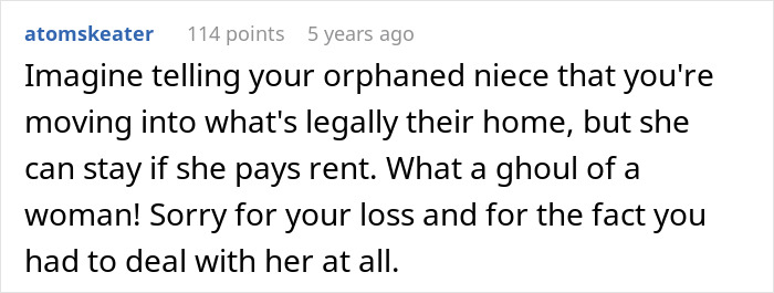 A Reddit comment describing the audacity of an entitled aunt demanding rent from her orphaned niece. A Reddit comment describing the audacity of an entitled aunt demanding rent from her orphaned niece.