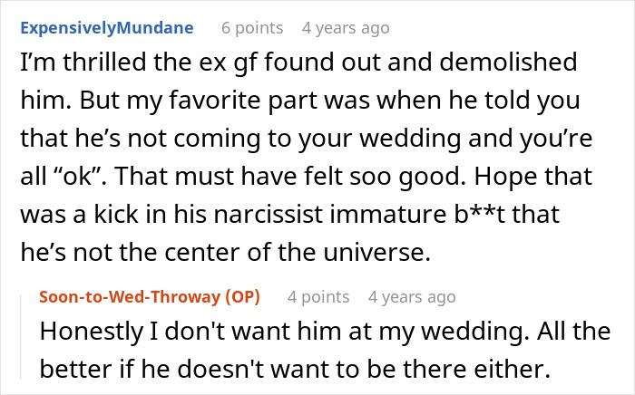 A screenshot of a Reddit comment expressing satisfaction that the entitled man lost more than he bargained for at the wedding.