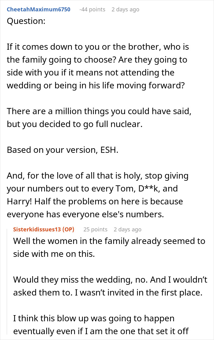 A screenshot showing comments about a bride belittling women, discussing family siding with the friend over the bride. A screenshot showing comments about a bride belittling women, discussing family siding with the friend over the bride.