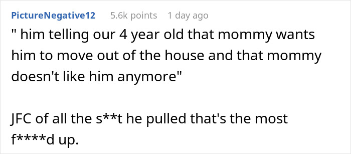A screenshot of a Reddit comment criticizing a husband for manipulating his 4-year-old child. A screenshot of a Reddit comment criticizing a husband for manipulating his 4-year-old child.