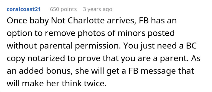 A Reddit comment about an overbearing FMIL, suggesting options to remove photos of minors posted without parental permission. A Reddit comment about an overbearing FMIL, suggesting options to remove photos of minors posted without parental permission.