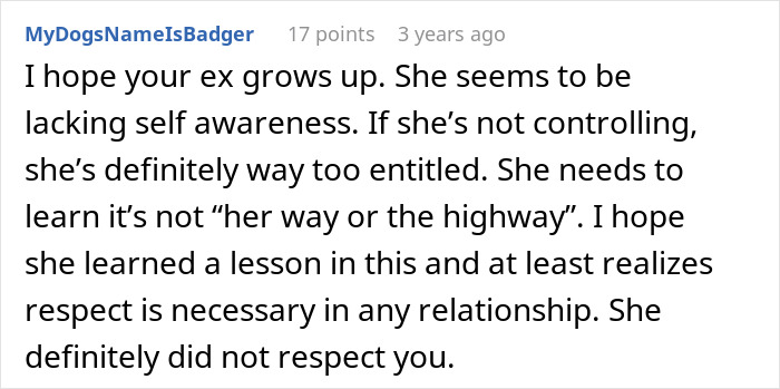 A comment about a cheating ex lacking self-awareness and being entitled.