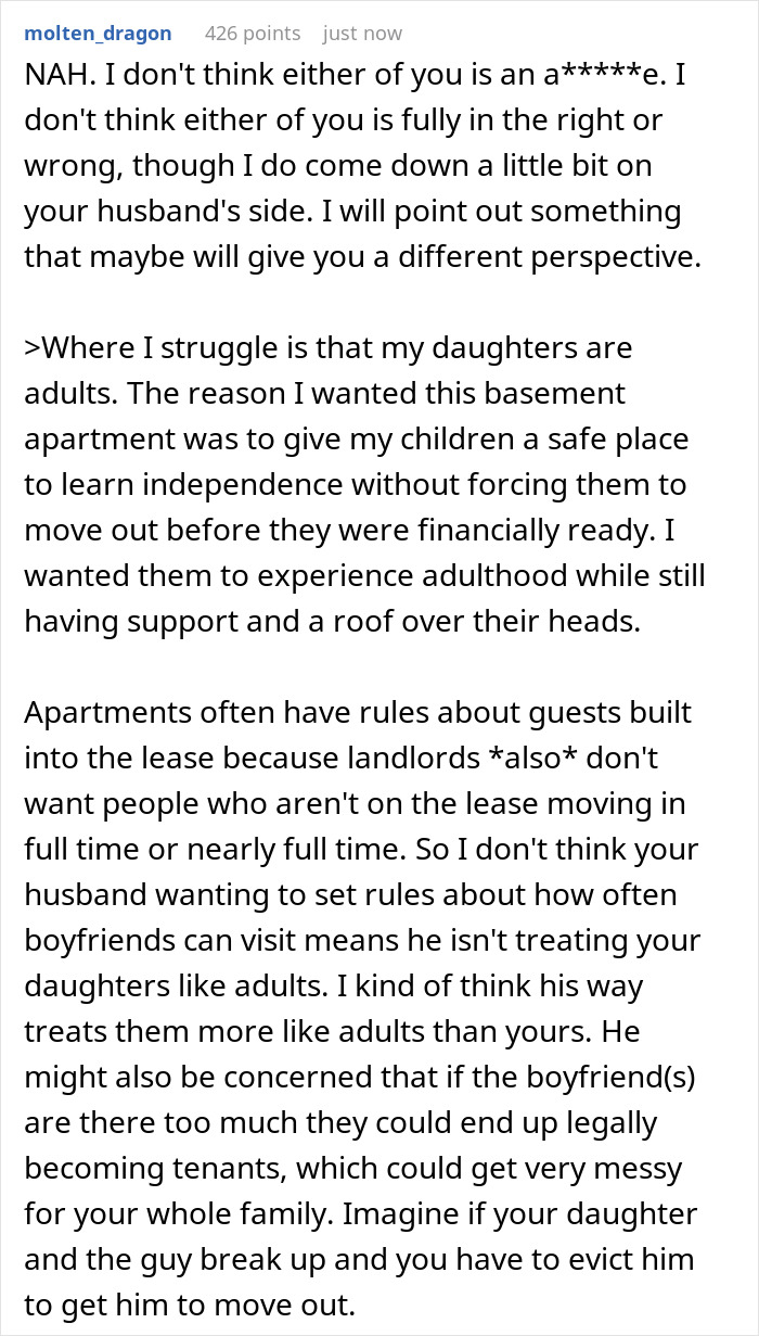 A Reddit comment discussing the complexities of charging a daughter's boyfriend rent, leases, and treating adult children. A Reddit comment discussing the complexities of charging a daughter's boyfriend rent, leases, and treating adult children.