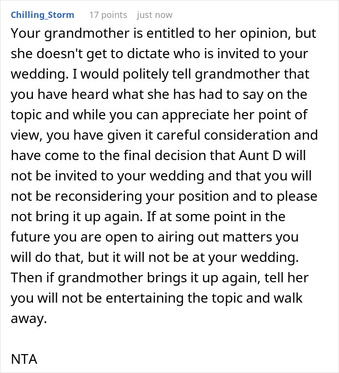 A Reddit comment advising the woman on how to politely inform her grandmother about the aunt's ban from the wedding. Main keyword: wedding. A Reddit comment advising the woman on how to politely inform her grandmother about the aunt's ban from the wedding. Main keyword: wedding.