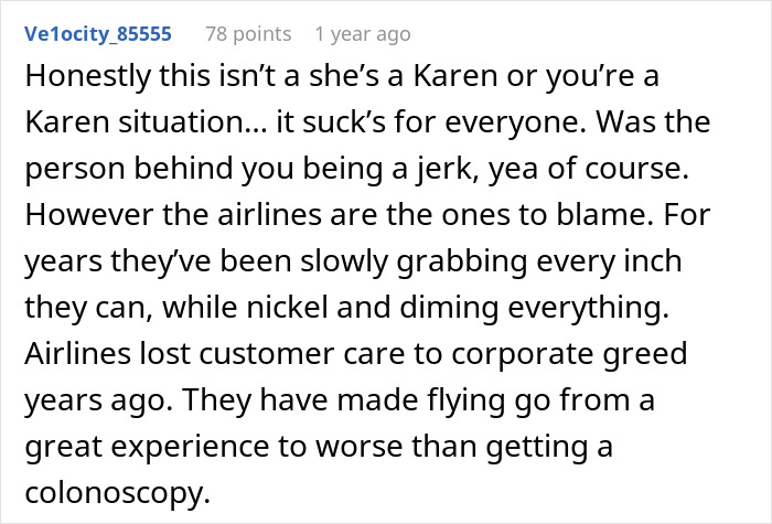 A lengthy comment about a woman and a stranger on a flight, discussing blame for the airline experience.