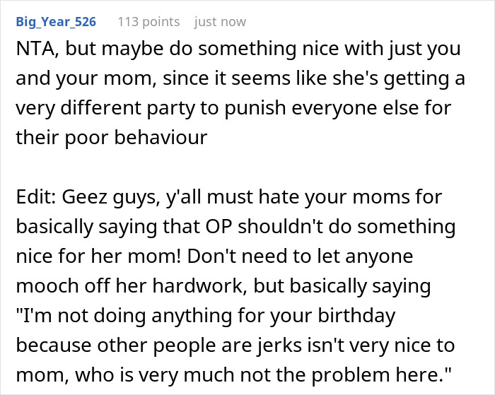 A user comment on a 27YO refusing to host Mom's B-Day, suggesting a smaller celebration for the mom. A user comment on a 27YO refusing to host Mom's B-Day, suggesting a smaller celebration for the mom.