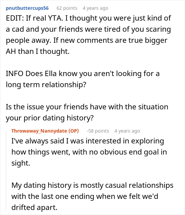 A Reddit thread where a user discusses pursuing friend's nanny, receiving negative feedback for the creepy situation.