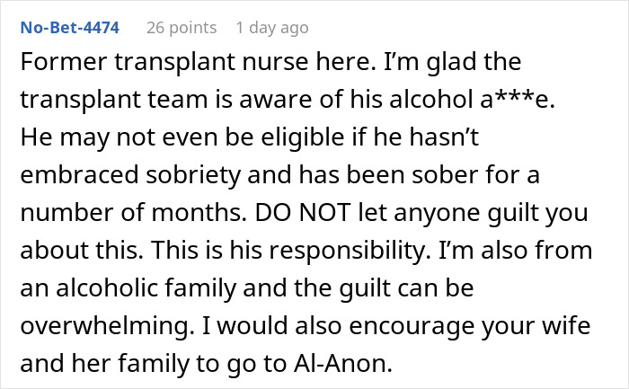 A former transplant nurse's comment on donating a kidney to BIL, about alcohol a***e and guilt. A former transplant nurse's comment on donating a kidney to BIL, about alcohol a***e and guilt.