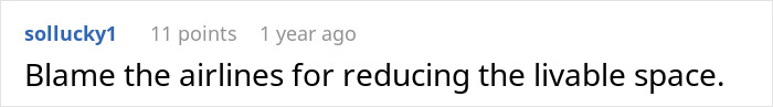 A Reddit comment by sollucky1 blaming airlines for reducing livable space during an overnight flight discussion.