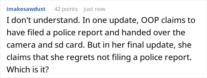 A Reddit comment discussing the inconsistent updates regarding filing a police report about the spy camera in the room. A Reddit comment discussing the inconsistent updates regarding filing a police report about the spy camera in the room.
