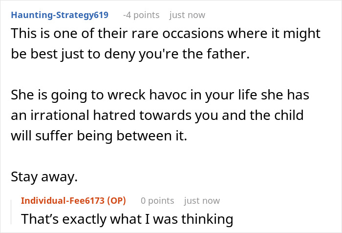 A Reddit comment advising to deny paternity due to the ex-partner's hatred, relevant to the baby's dad situation. A Reddit comment advising to deny paternity due to the ex-partner's hatred, relevant to the baby's dad situation.