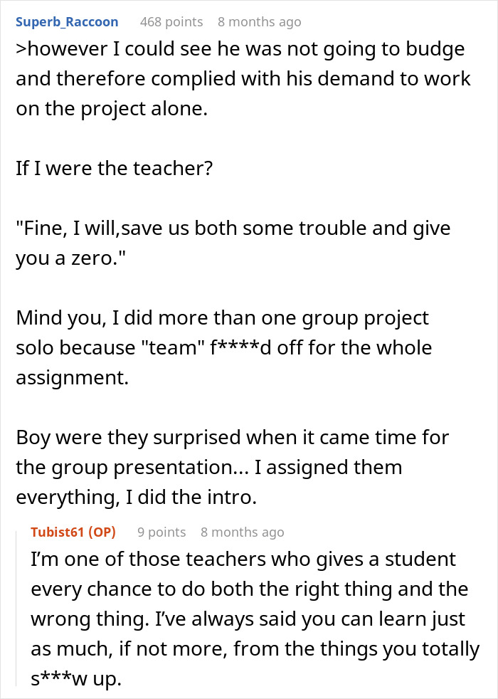 Reddit comments discussing a student refusing group work and a hard fail, with a lecturer providing warnings. Reddit comments discussing a student refusing group work and a hard fail, with a lecturer providing warnings.