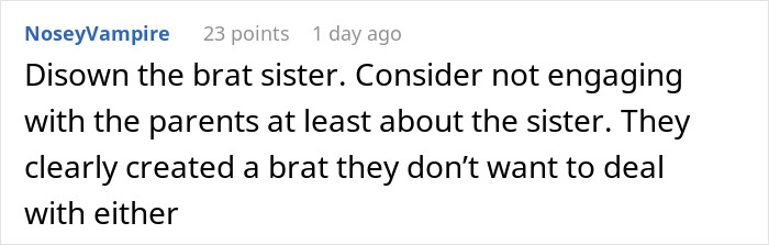 Reddit comment advising to disown a brat sister and avoid parents due to family drama and a mid-trip car turn-around. Reddit comment advising to disown a brat sister and avoid parents due to family drama and a mid-trip car turn-around.