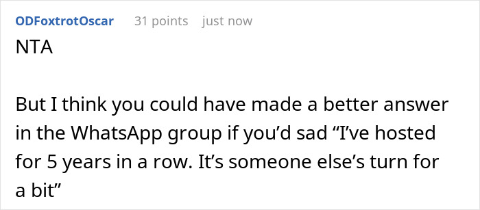 A comment suggesting a better way to refuse to host mom's B-day, mentioning taking turns. A comment suggesting a better way to refuse to host mom's B-day, mentioning taking turns.