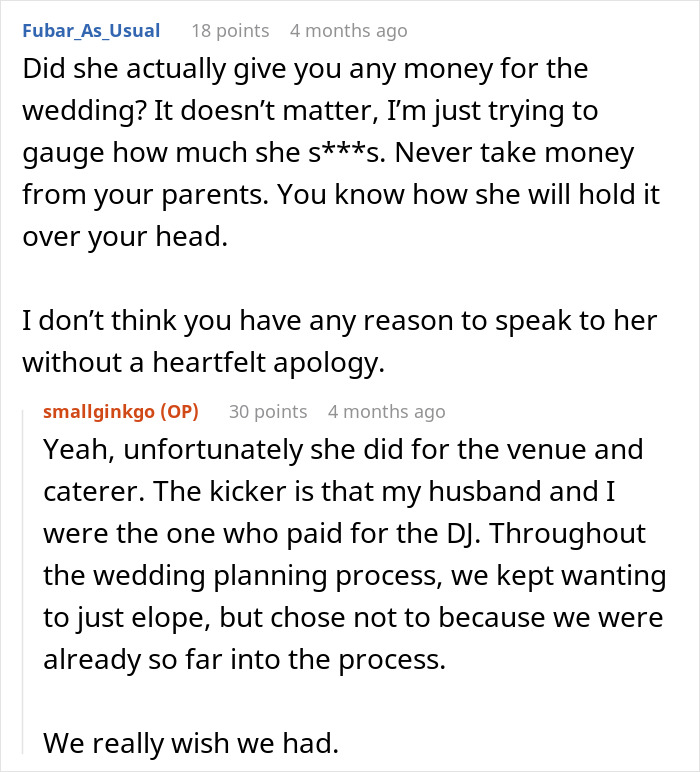 Wedding drama: mom takes over daughter's wedding dance floor. A user discusses her mother's financial contributions to the wedding.