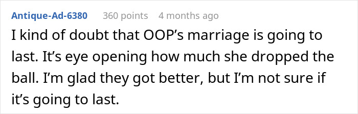 A comment doubting the longevity of a marriage where a postpartum wife neglected her husband with cancer, due to her expectations.