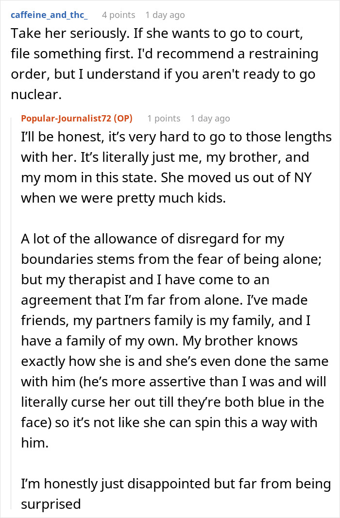 A Reddit comment section discussing a delusional mom threatening to sue her daughter and the daughter's past. A Reddit comment section discussing a delusional mom threatening to sue her daughter and the daughter's past.
