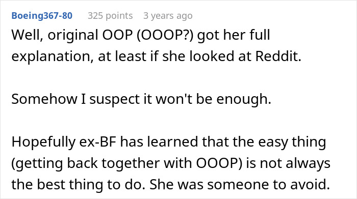 A screenshot of a Reddit comment regarding a woman complaining about her cheating ex, offering his take on the account.