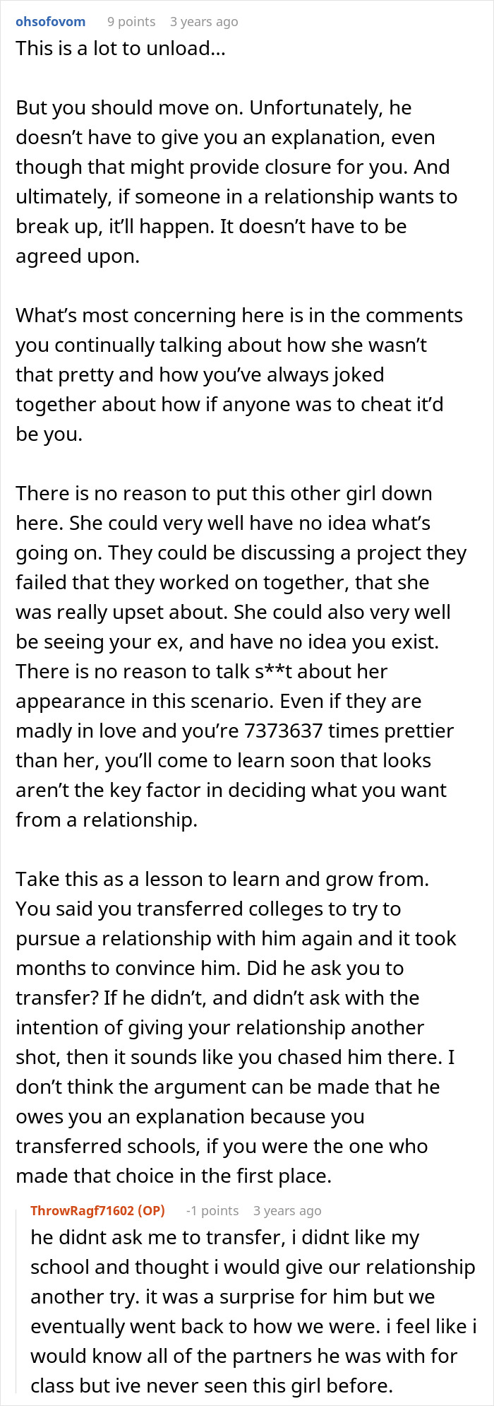 Screenshot of an online comment advising a woman to move on from her cheating ex and not seek an explanation.