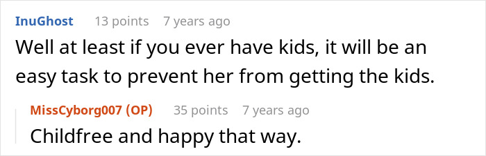 A Reddit comment discussing preventing the crazy MIL from getting kids.