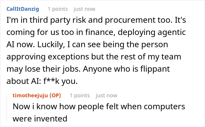 A screenshot of Reddit comments discussing AI replacing jobs and an ex-Meta worker's experience. A screenshot of Reddit comments discussing AI replacing jobs and an ex-Meta worker's experience.