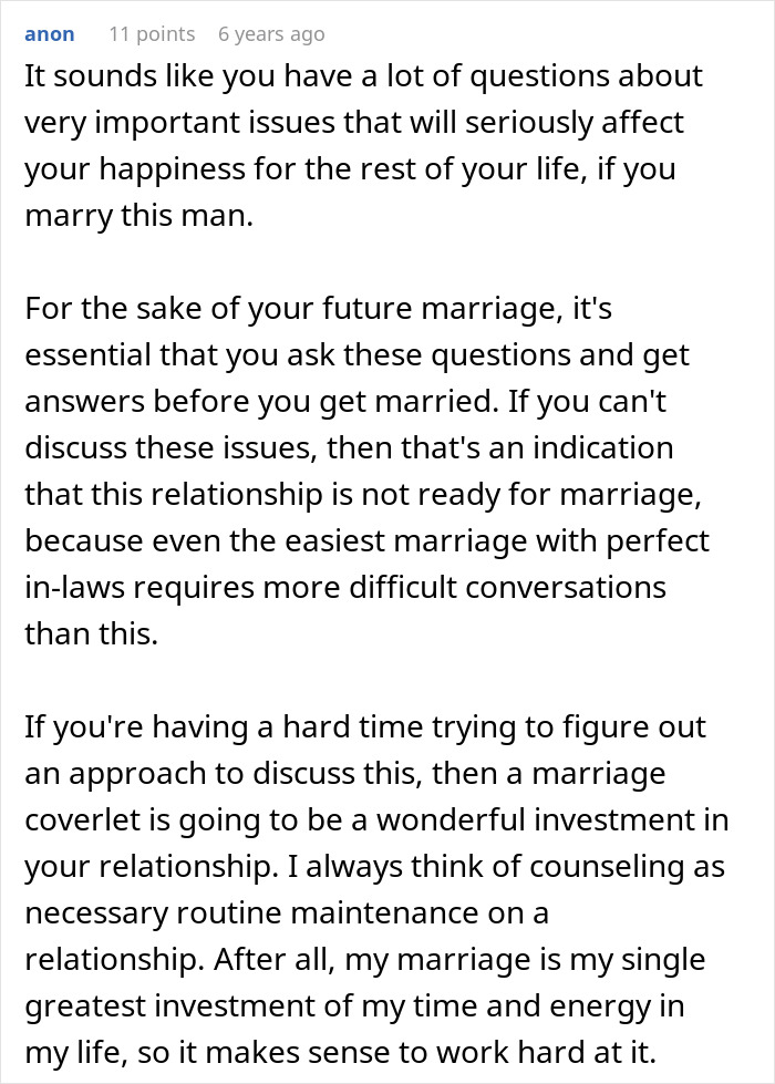 Screenshot of a Reddit comment advising on discussing important issues before marriage due to a future mother-in-law's interference.