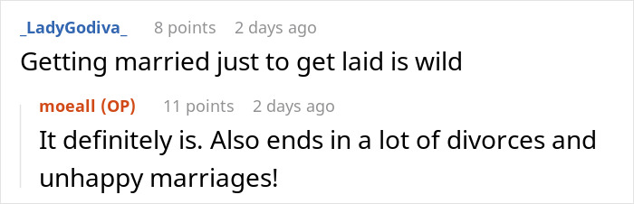 A comment noting that marrying just for s*x often leads to divorces and unhappy marriages, relating to bridesmaid dress issues. A comment noting that marrying just for s*x often leads to divorces and unhappy marriages, relating to bridesmaid dress issues.