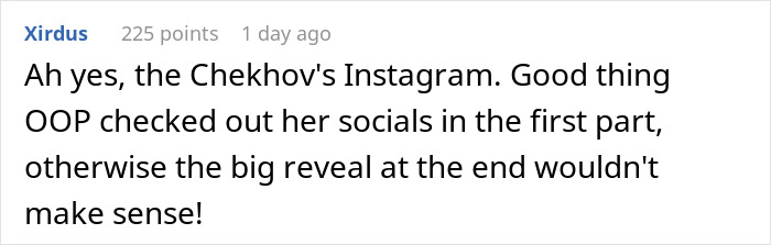 A Reddit comment references Chekhov's Instagram in relation to an Airsoft leader, a woman, and a dress code. A Reddit comment references Chekhov's Instagram in relation to an Airsoft leader, a woman, and a dress code.