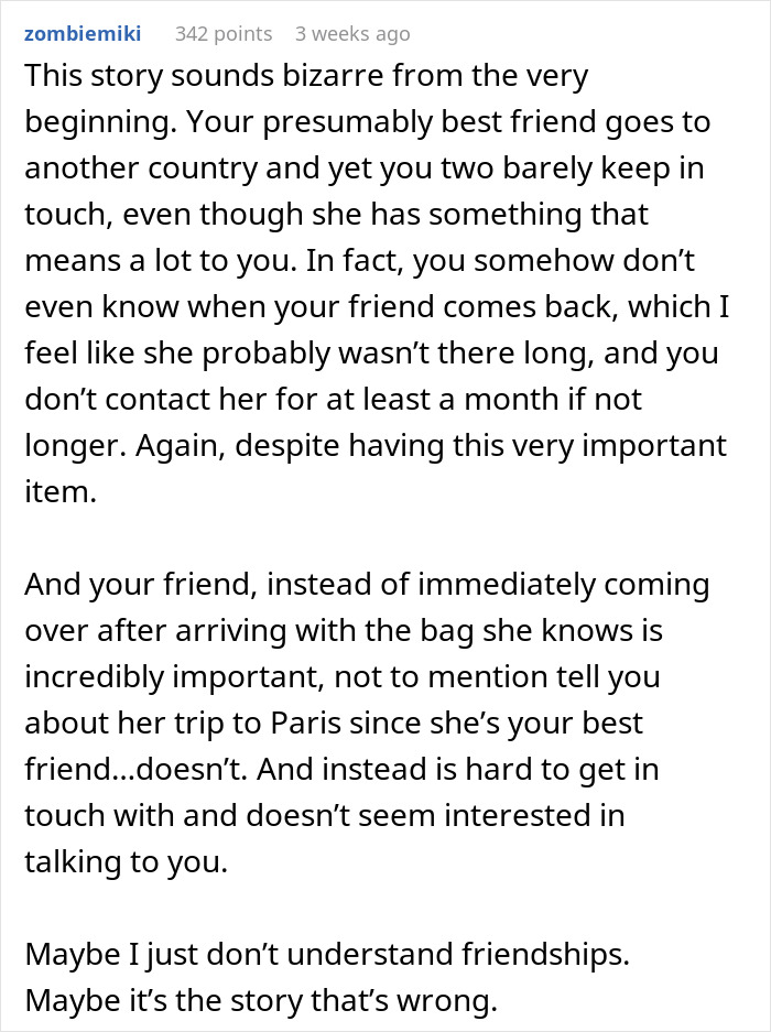 A lengthy Reddit comment analyzing the bizarre story of a woman and her fake designer bag. A lengthy Reddit comment analyzing the bizarre story of a woman and her fake designer bag.