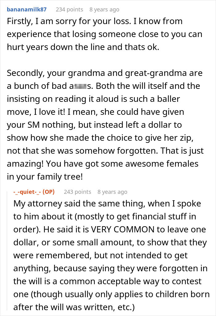 Screenshot of an online comment discussing the great-grandma's will and an in-law's reaction, mentioning how she trolls from beyond the grave. Screenshot of an online comment discussing the great-grandma's will and an in-law's reaction, mentioning how she trolls from beyond the grave.