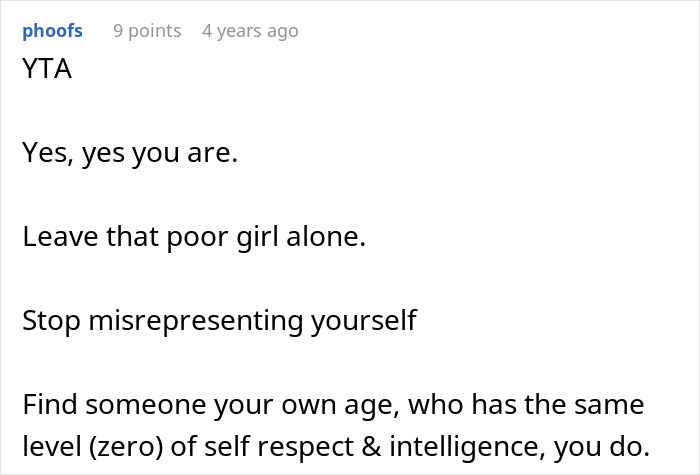 A comment strongly advising to leave the nanny alone and to find someone your own age, from the story about a friend's nanny.