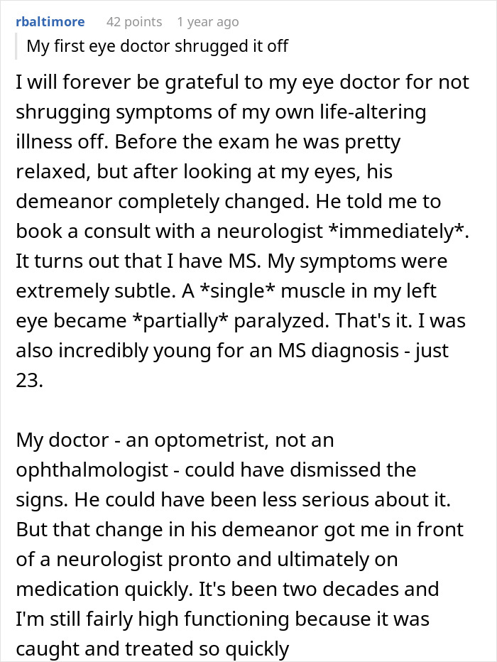 A Reddit comment about an eye doctor detecting MS, reflecting a second chance at life after illness, similar to a brain tumor diagnosis.
