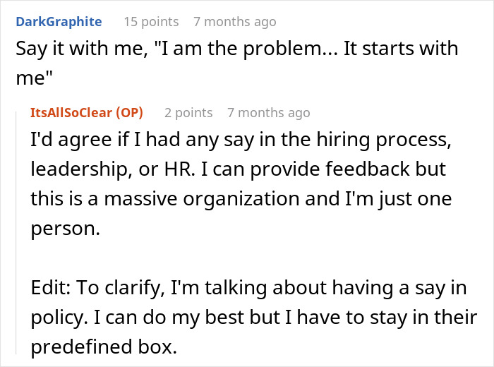 A software engineer responds to a comment, discussing their lack of influence in the hiring process for a large organization.
