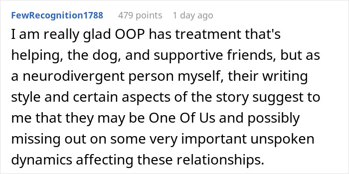 A Reddit comment discussing the neurodivergent aspects of the anxious sibling and service dog situation.