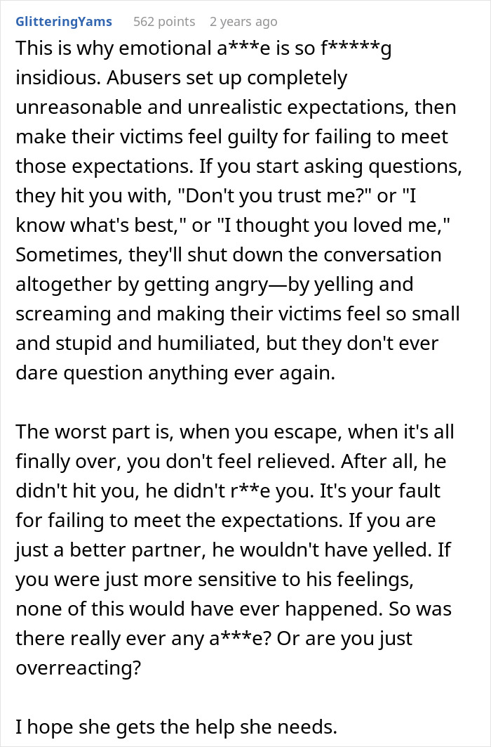 A screenshot of a Reddit comment discussing the insidious nature of emotional a***e, setting unrealistic expectations and violent reactions. A screenshot of a Reddit comment discussing the insidious nature of emotional a***e, setting unrealistic expectations and violent reactions.
