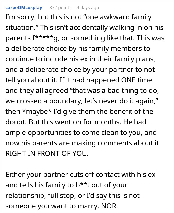 A screenshot of a Reddit comment detailing why a woman should rethink her engagement after her future father-in-law revealed his son's backup plan.