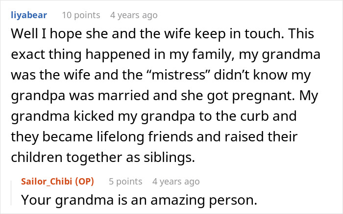 A comment describing a pregnant woman's family situation where her grandma became friends with the 'mistress'. A comment describing a pregnant woman's family situation where her grandma became friends with the 'mistress'.