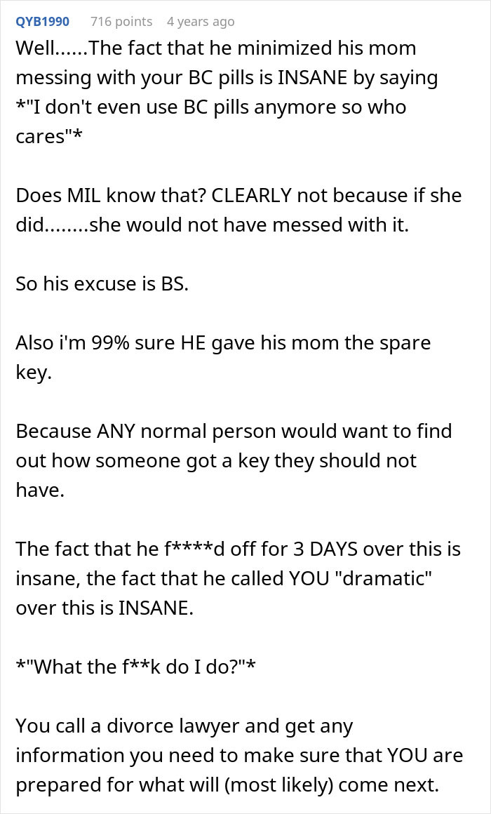 A user criticizes the husband for minimizing his mom's actions regarding the DIL's birth control pills to have grandbabies.