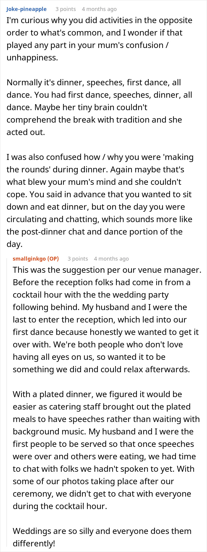 A screenshot of comments from joke-pineapple and smallginkgo discussing wedding day events.