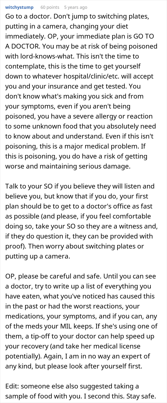 A screenshot of a reddit comment strongly advising a woman to see a doctor immediately about her future mother-in-law food concerns. A screenshot of a reddit comment strongly advising a woman to see a doctor immediately about her future mother-in-law food concerns.