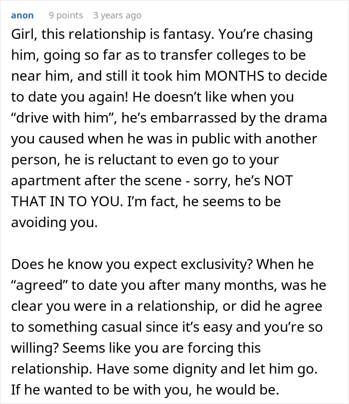 A comment advising a woman about her cheating ex, highlighting her chasing him and that he is not that into her.