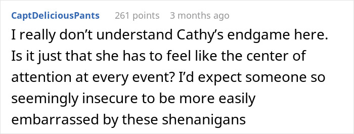 A Reddit comment questioning the stepmom's motivation for hijacking a kid's birthday dressed as a K-Pop character. A Reddit comment questioning the stepmom's motivation for hijacking a kid's birthday dressed as a K-Pop character.